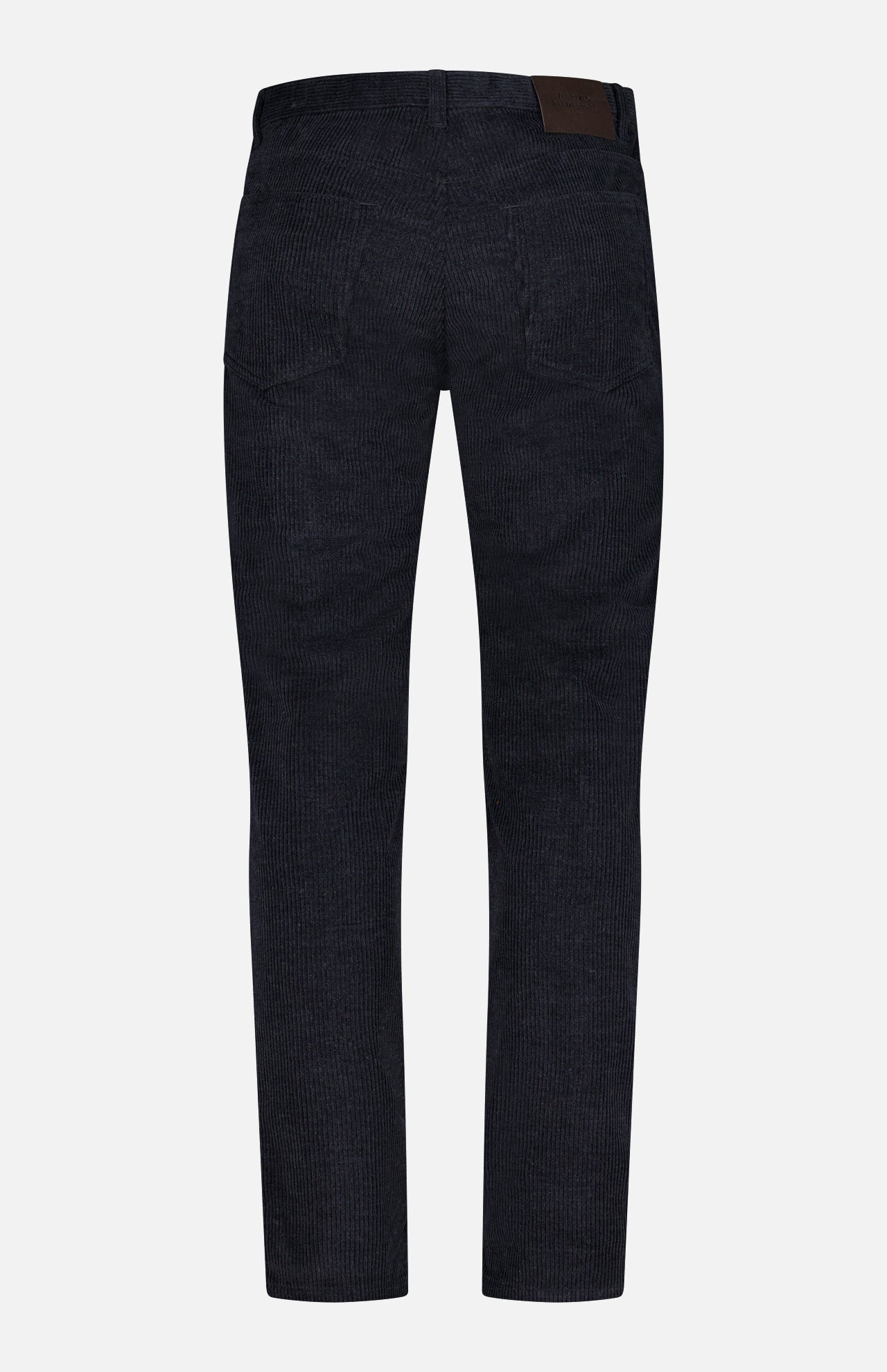 A pair of MAURIZIO BALDASSARI Treves Five Pocket Corduroy Pants in dark navy blue, crafted in Italy and displayed from the back, featuring two back pockets and a brown patch on the waistband, set against a white background.
