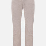 The Treves Five Pocket Corduroy Pants by MAURIZIO BALDASSARI are straight-leg beige corduroy trousers featuring five pockets, belt loops, and a button closure. Expertly made in Italy, they are displayed against a plain white background.