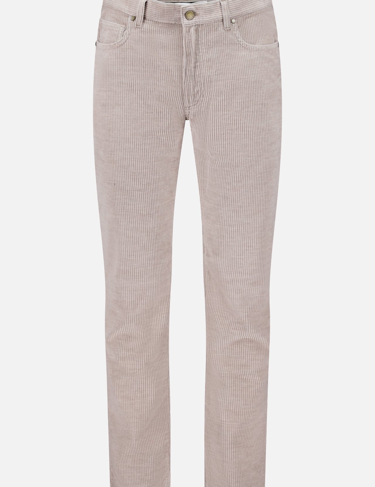 The Treves Five Pocket Corduroy Pants by MAURIZIO BALDASSARI are straight-leg beige corduroy trousers featuring five pockets, belt loops, and a button closure. Expertly made in Italy, they are displayed against a plain white background.