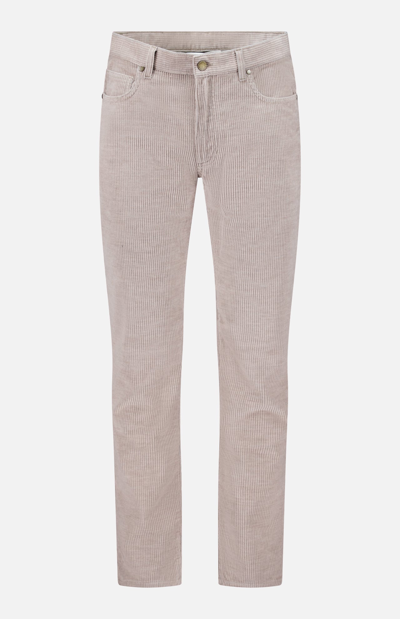 The Treves Five Pocket Corduroy Pants by MAURIZIO BALDASSARI are straight-leg beige corduroy trousers featuring five pockets, belt loops, and a button closure. Expertly made in Italy, they are displayed against a plain white background.
