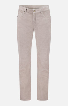 The Treves Five Pocket Corduroy Pants by MAURIZIO BALDASSARI are straight-leg beige corduroy trousers featuring five pockets, belt loops, and a button closure. Expertly made in Italy, they are displayed against a plain white background.