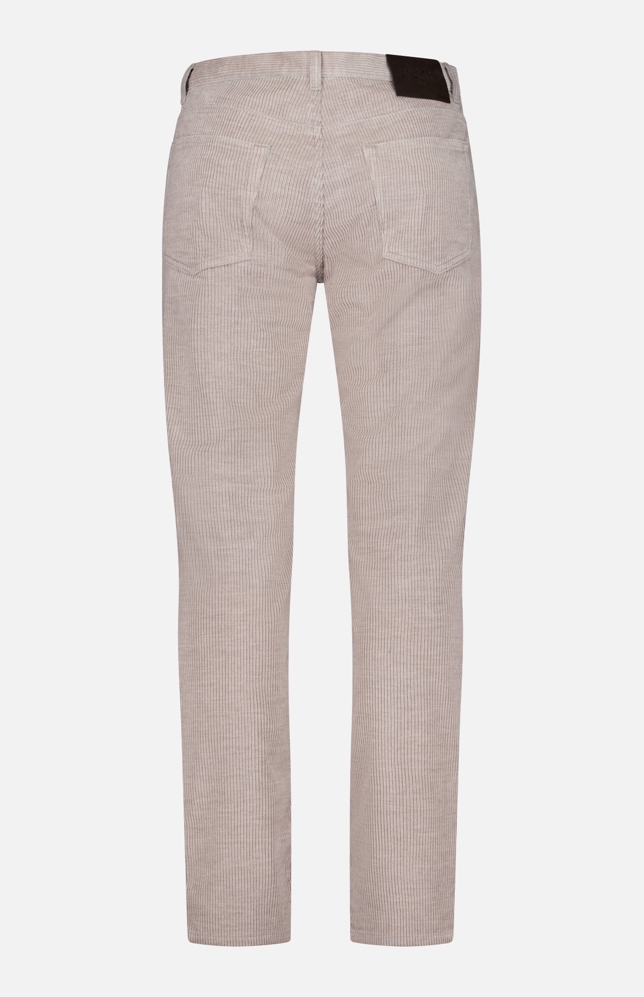 Back view of the Treves Five Pocket Corduroy Pants by MAURIZIO BALDASSARI in light beige, made in Italy, showcasing two rear pockets and a dark rectangular patch on the waistband, displayed against a plain white background.