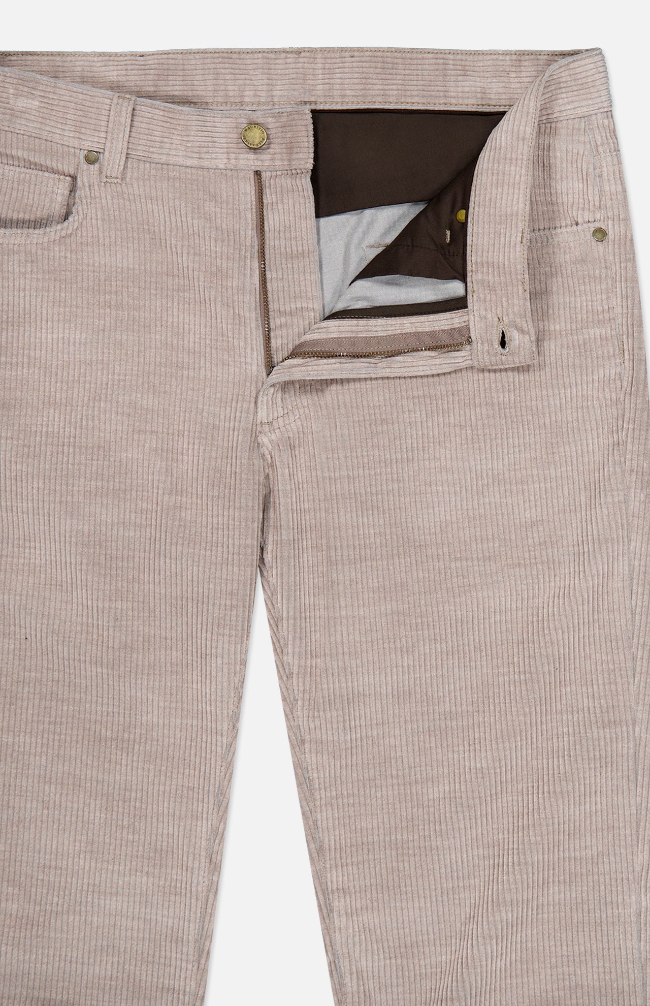 The image features the MAURIZIO BALDASSARI Treves Five Pocket Corduroy Pants in light beige, expertly crafted in Italy. The pants are displayed with the zipper and top button undone to reveal the inner waistband and pocket lining, highlighting the fabric’s distinctive vertical ribbed texture.
