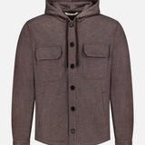 Maurizio Baldassari brown wool hoodie overshirt with a drawstring hood, two chest flap pockets, and a button-up front.
