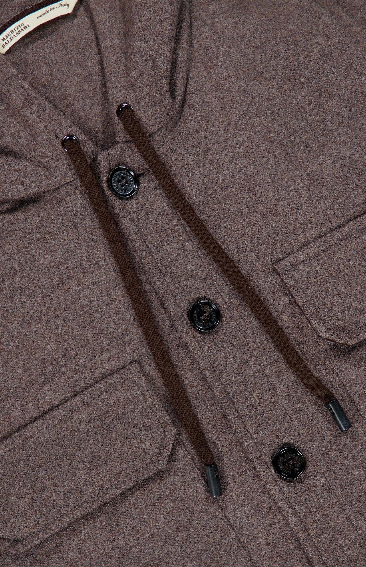 Maurizio Baldassari brown wool Wool Hoodie Overshirt with a drawstring hood, a front button placket, and two button-flap chest pockets.