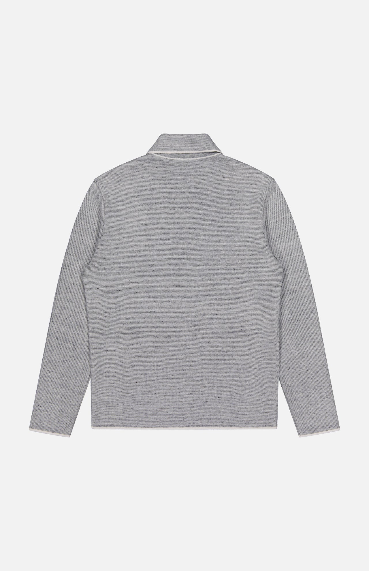 The Millerighe Milano Stitch Overshirt by MAURIZIO BALDASSARI, crafted in Italy from virgin wool linen, is shown in light grey with long sleeves and a collar, laid flat to display the back against a white background.