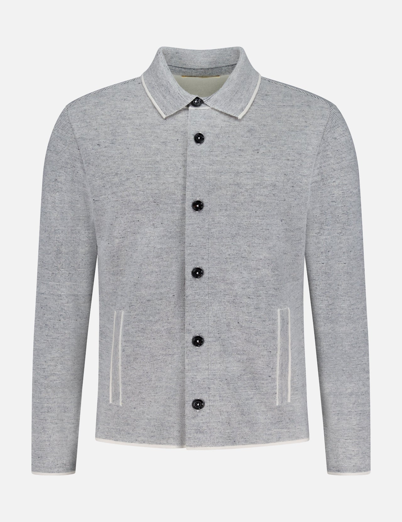The Millerighe Milano Stitch Overshirt by MAURIZIO BALDASSARI is a light grey, long-sleeved collared jacket with black buttons and two front pockets with white trim, crafted from virgin wool linen in Italy and shown on a plain white background.