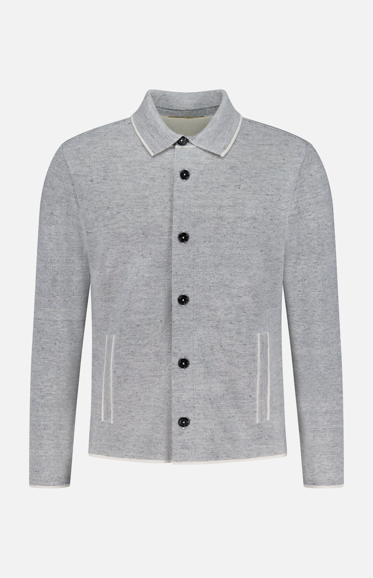 The Millerighe Milano Stitch Overshirt by MAURIZIO BALDASSARI is a light grey, long-sleeved collared jacket with black buttons and two front pockets with white trim, crafted from virgin wool linen in Italy and shown on a plain white background.