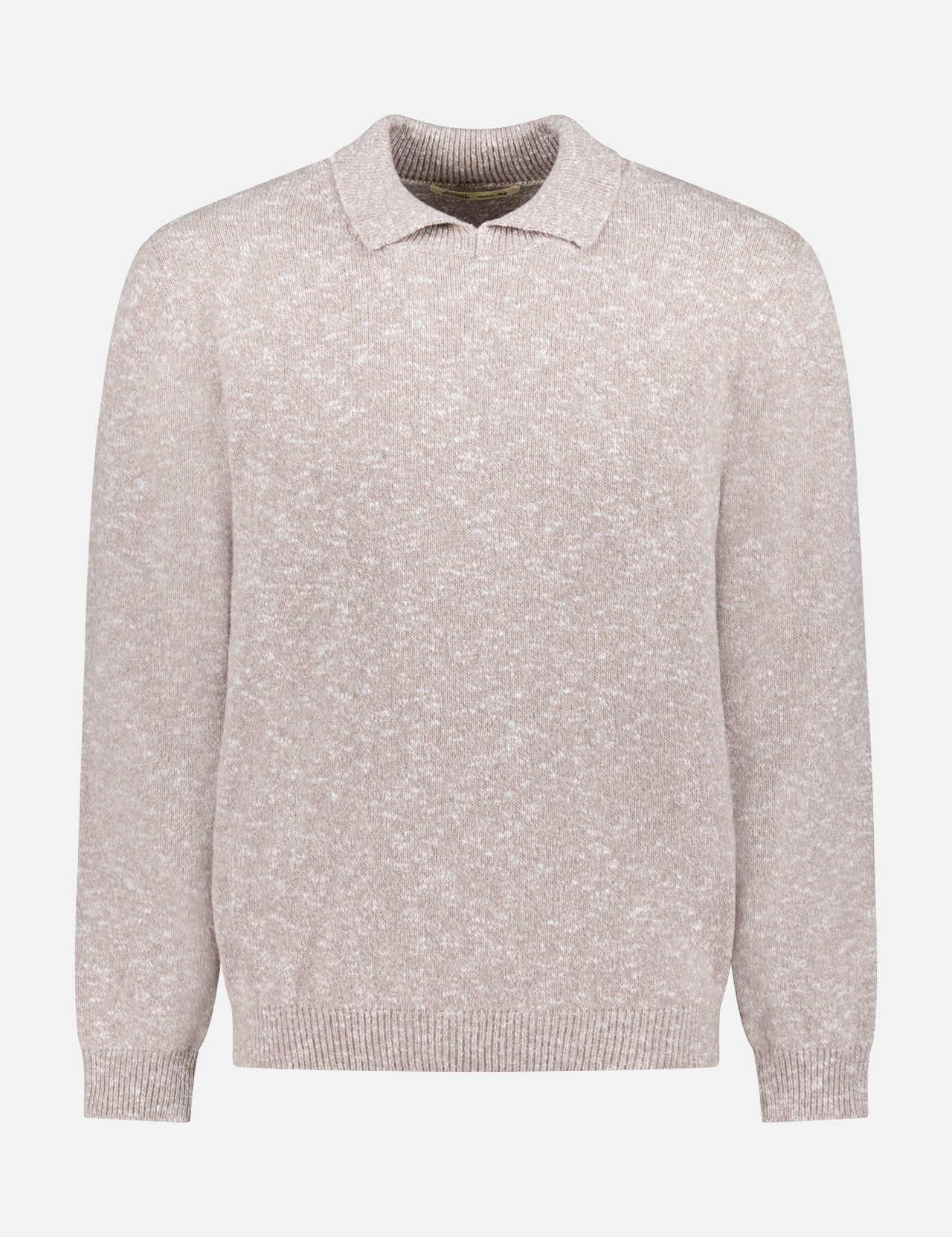 The MAURIZIO BALDASSARI Polo Long Sleeve Sweater in beige features a collar, ribbed cuffs and hem, crafted in Italy, and is shown on a plain white background.