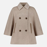 The MAX MARA Cashmere Button Sleeve Cape Jacket is displayed on a plain white background, featuring a beige wool design with a classic double-breasted silhouette, wide short sleeves with button details, a pointed collar, four brown buttons, and two vertical front pockets.