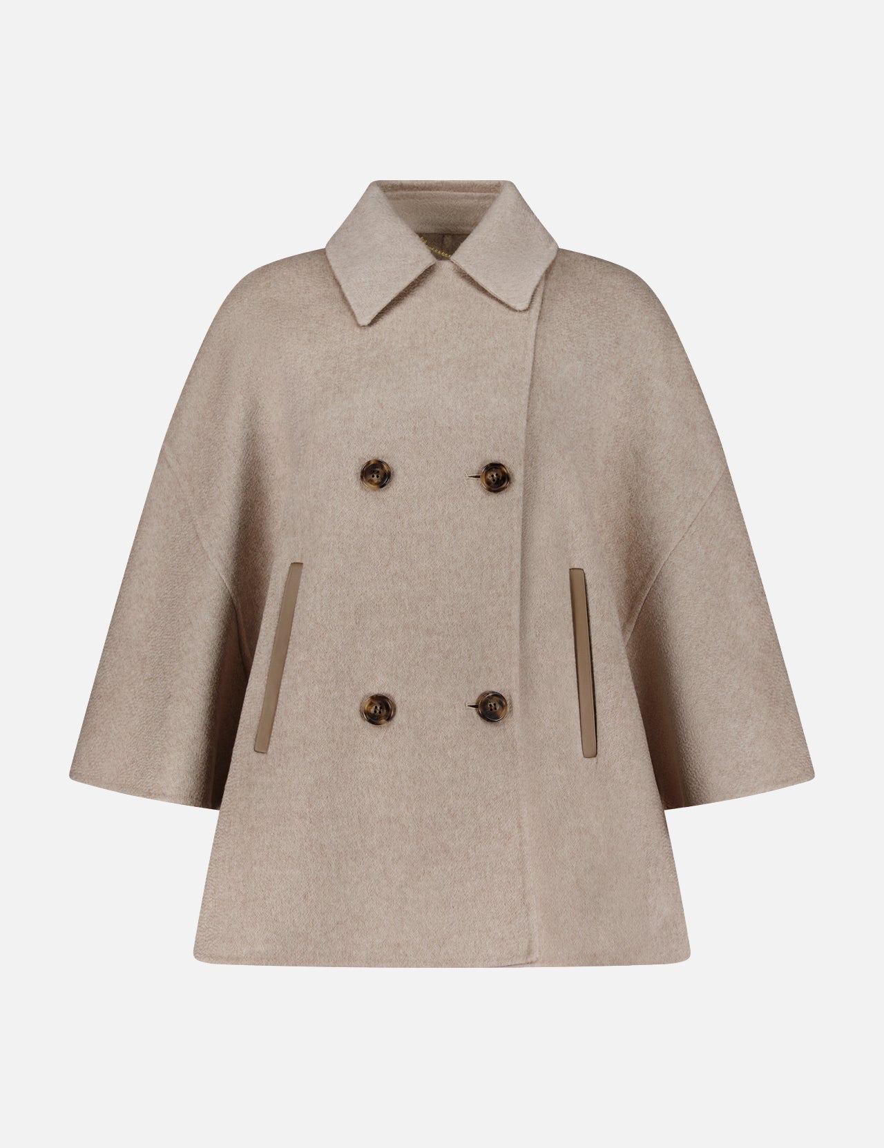 The MAX MARA Cashmere Button Sleeve Cape Jacket is displayed on a plain white background, featuring a beige wool design with a classic double-breasted silhouette, wide short sleeves with button details, a pointed collar, four brown buttons, and two vertical front pockets.