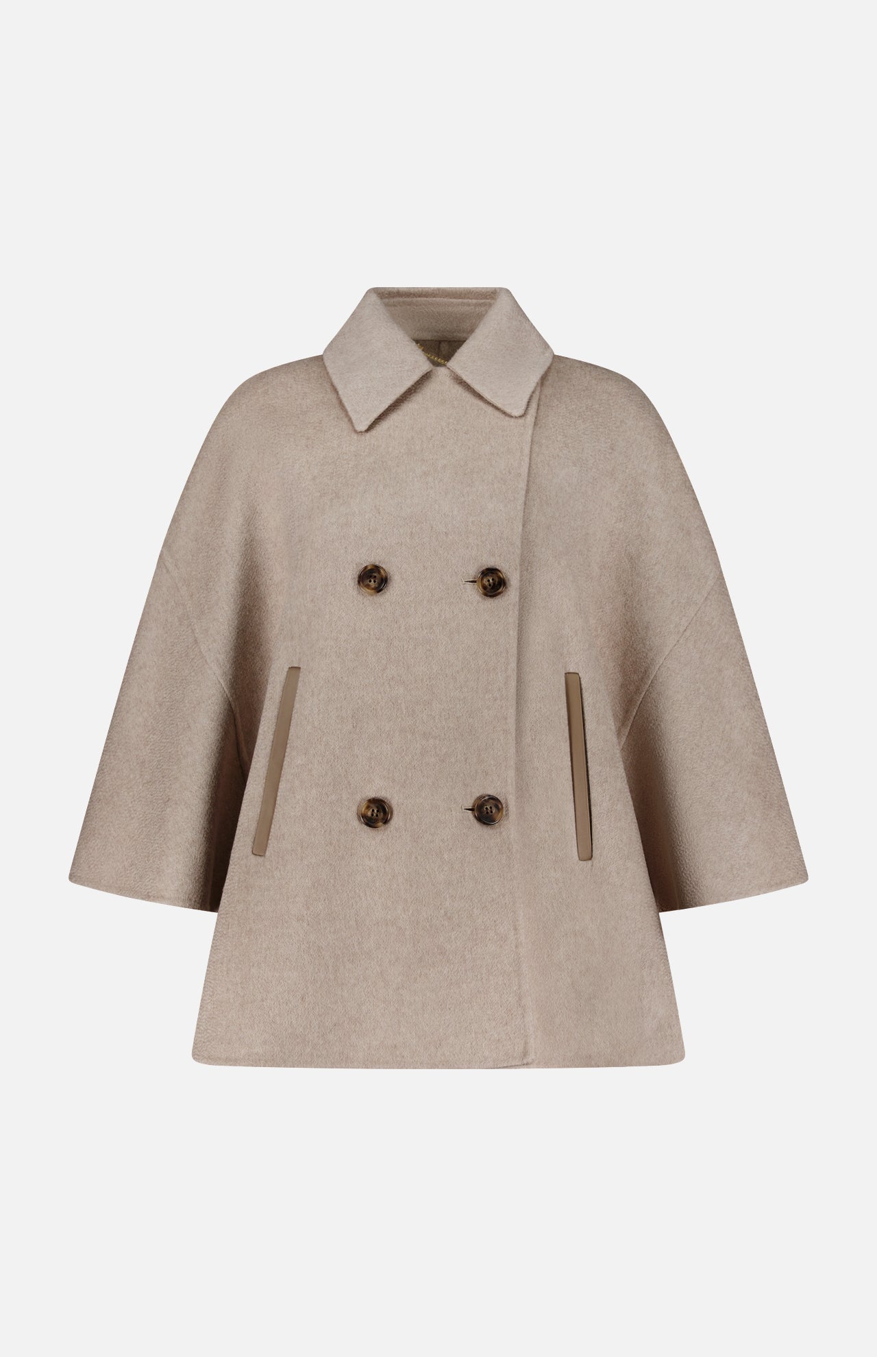 The MAX MARA Cashmere Button Sleeve Cape Jacket is displayed on a plain white background, featuring a beige wool design with a classic double-breasted silhouette, wide short sleeves with button details, a pointed collar, four brown buttons, and two vertical front pockets.