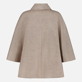 The MAX MARA Cashmere Button Sleeve Cape Jacket is displayed from the back against a plain white background, showcasing its beige hue, loose-fitting double-breasted silhouette, wide sleeves, and pointed collar.