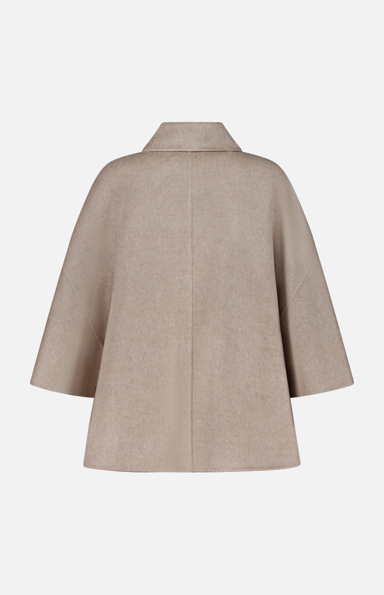The MAX MARA Cashmere Button Sleeve Cape Jacket is displayed from the back against a plain white background, showcasing its beige hue, loose-fitting double-breasted silhouette, wide sleeves, and pointed collar.