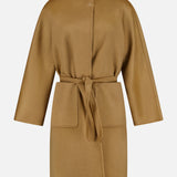 The MAX MARA Cashmere Trench Coat is camel-colored, knee-length, with wide sleeves, front pockets, a high collar, and a matching waist belt, shown on a plain white background.
