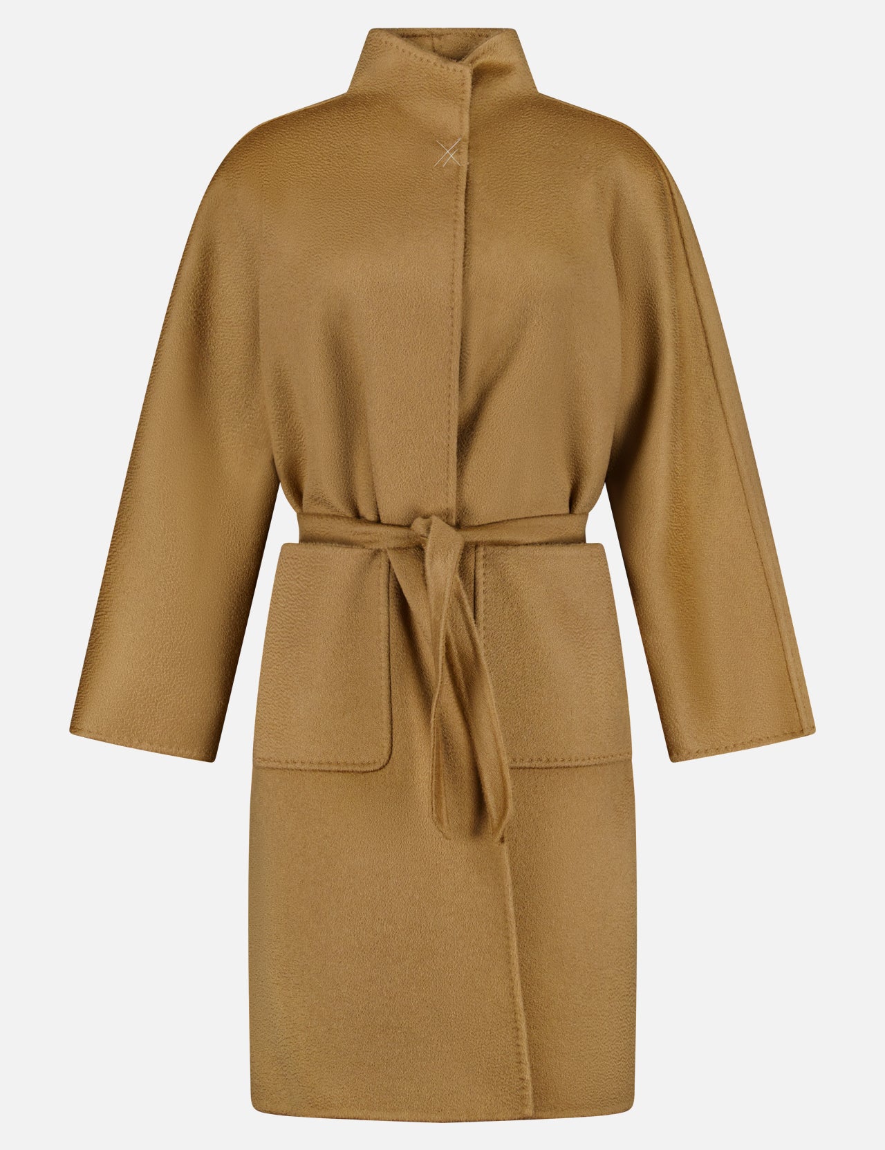 The MAX MARA Cashmere Trench Coat is camel-colored, knee-length, with wide sleeves, front pockets, a high collar, and a matching waist belt, shown on a plain white background.