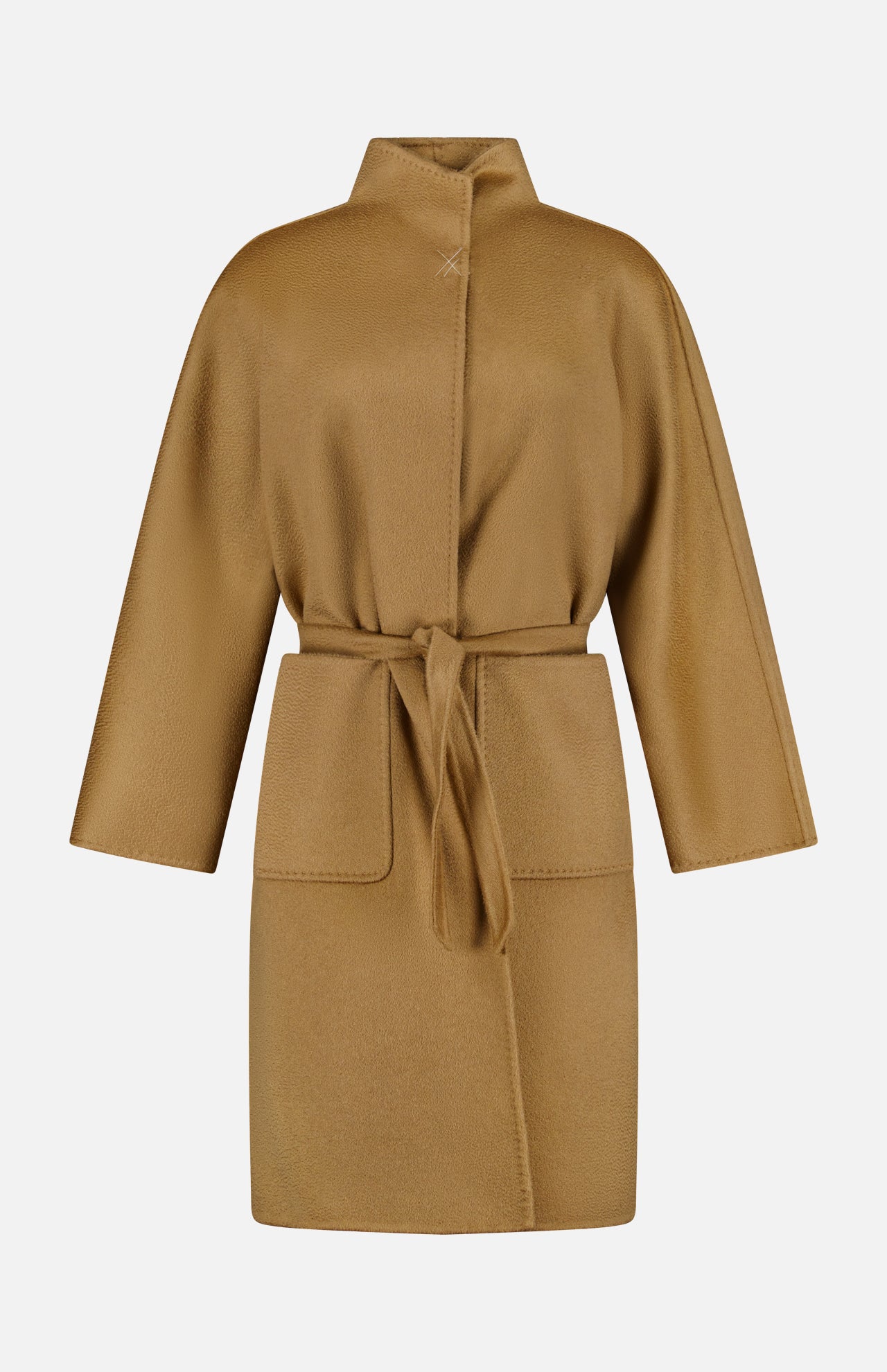 The MAX MARA Cashmere Trench Coat is camel-colored, knee-length, with wide sleeves, front pockets, a high collar, and a matching waist belt, shown on a plain white background.