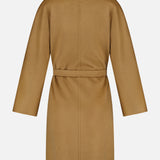 The Cashmere Trench Coat by MAX MARA in camel, knee-length with long sleeves, high collar, and matching belt, is pictured from the back against a white background.