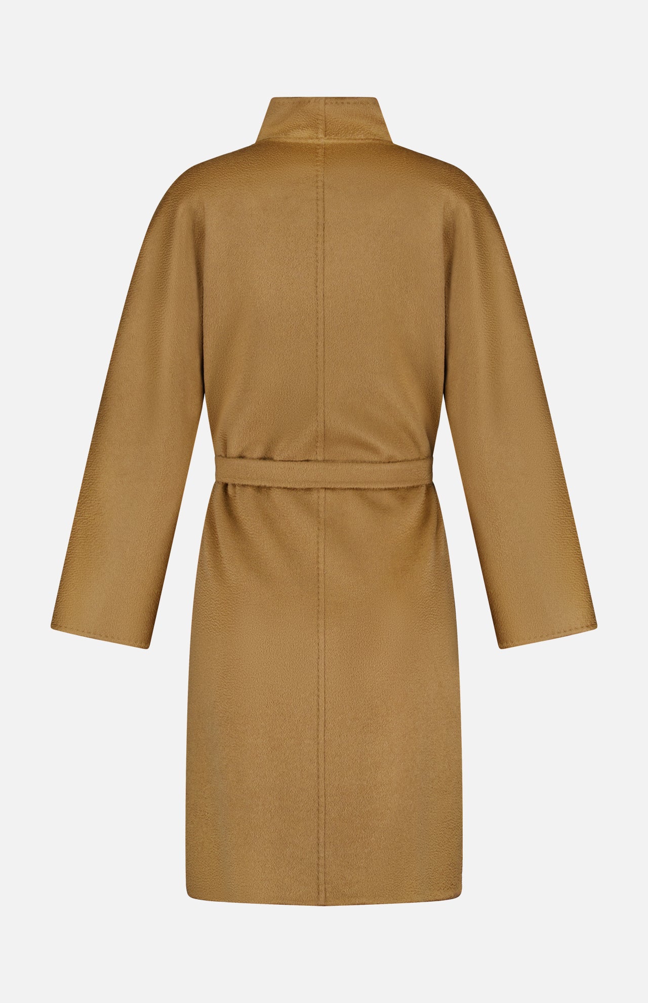 The Cashmere Trench Coat by MAX MARA in camel, knee-length with long sleeves, high collar, and matching belt, is pictured from the back against a white background.