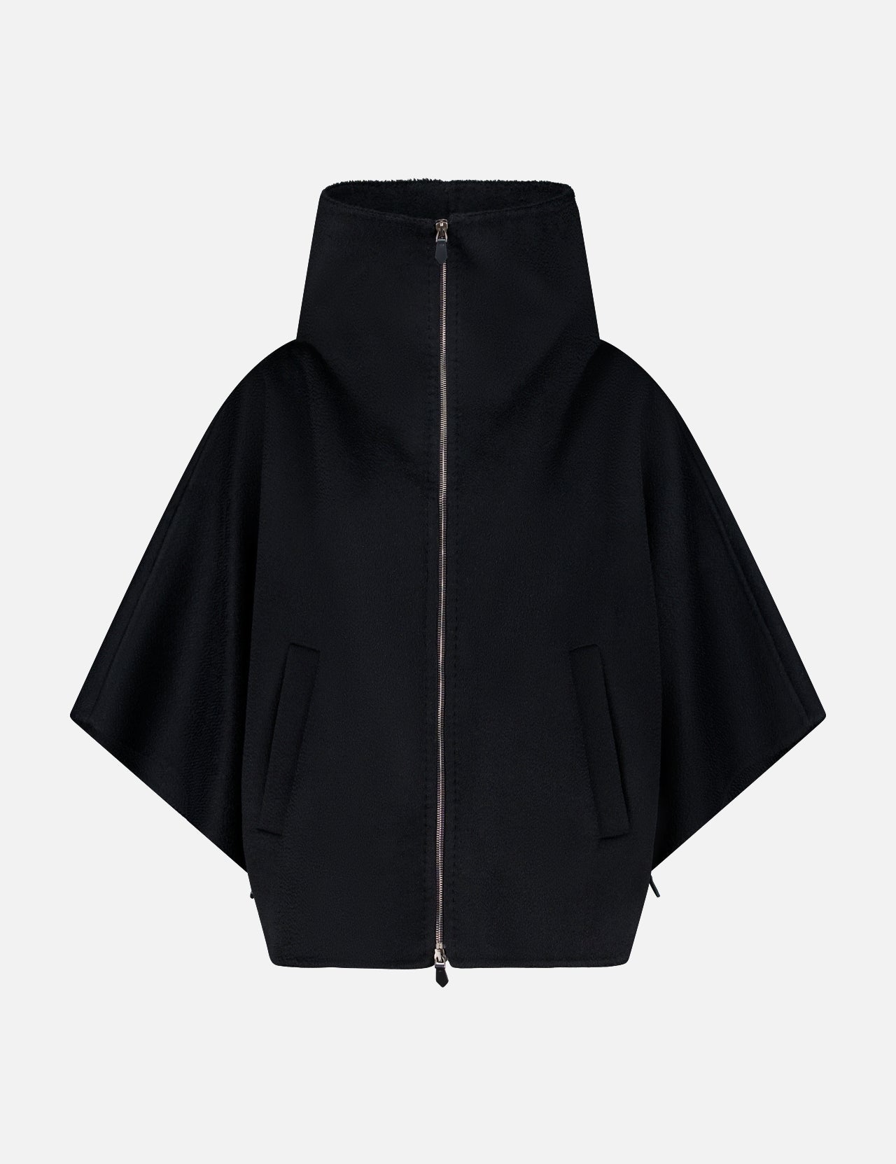 The MAX MARA Cashmere Zip Sleeve Short Coat, a black luxury women’s jacket with short sleeves, zip front, high collar, and two front pockets, is shown on a plain white background.
