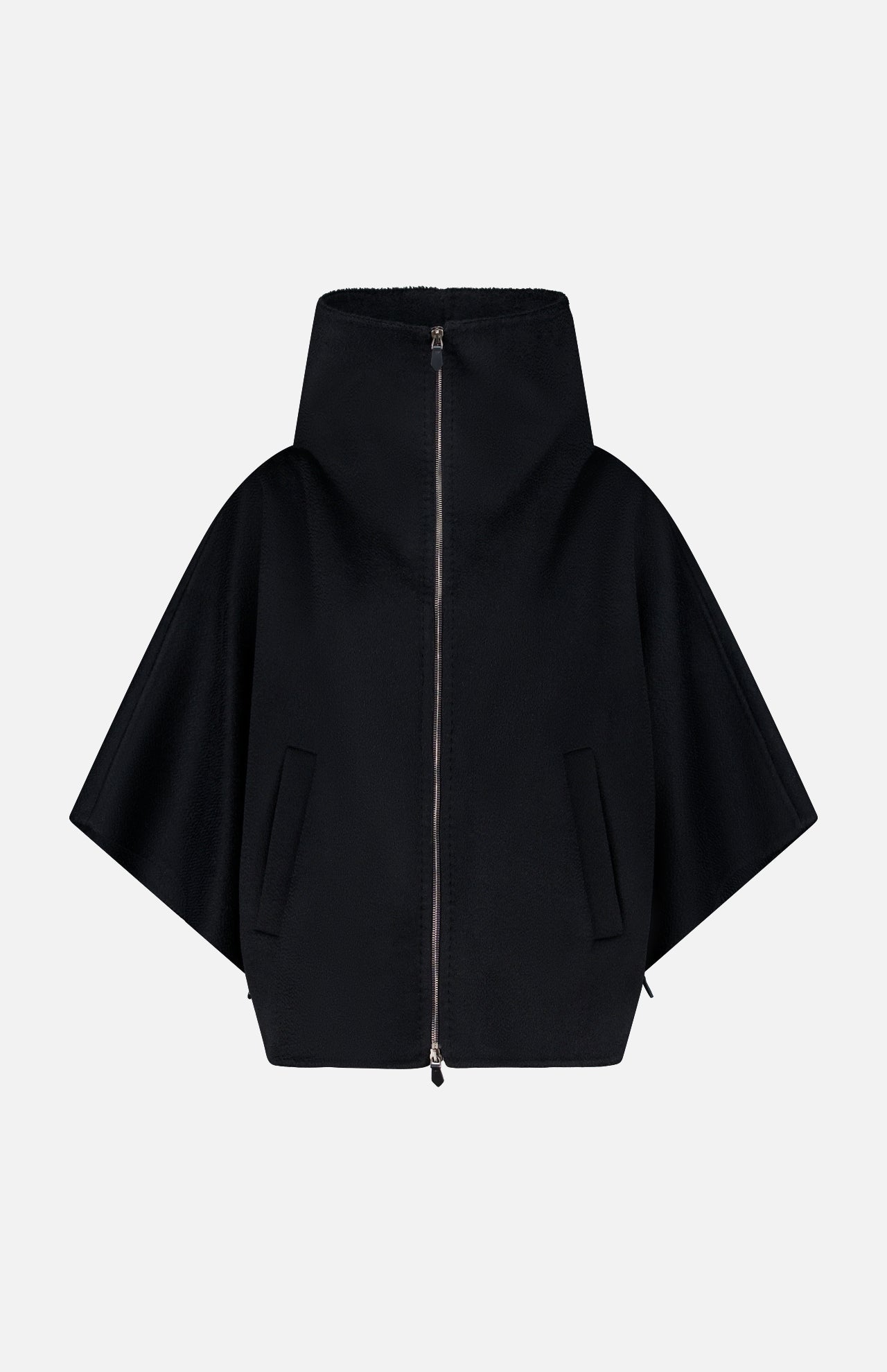 The MAX MARA Cashmere Zip Sleeve Short Coat, a black luxury women’s jacket with short sleeves, zip front, high collar, and two front pockets, is shown on a plain white background.