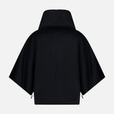 Back view of the MAX MARA Cashmere Zip Sleeve Short Coat in black, featuring short sleeves, a hood, and a wide fit, shown against a plain white background.