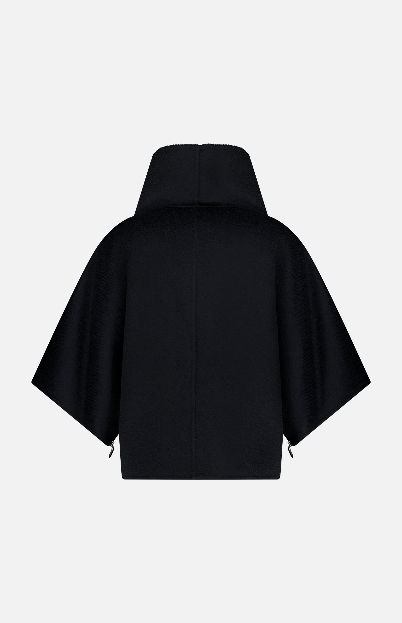Back view of the MAX MARA Cashmere Zip Sleeve Short Coat in black, featuring short sleeves, a hood, and a wide fit, shown against a plain white background.