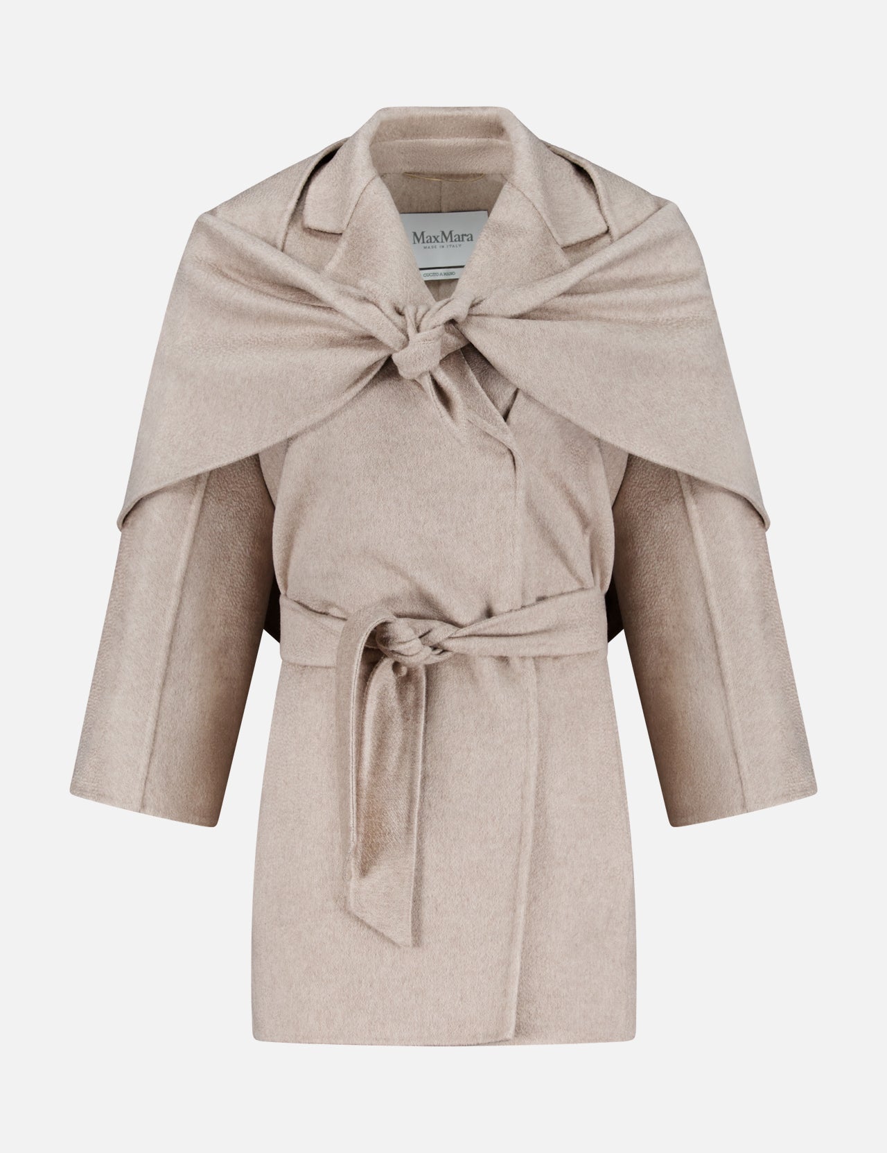 MAX MARA’s Long Cashmere Jacket with Bonus Scarf in light beige features a knee-length silhouette, self-tie belt, wide lapels, and a draped cape detail over the shoulders. Expertly crafted in Italy, it is displayed against a white background.