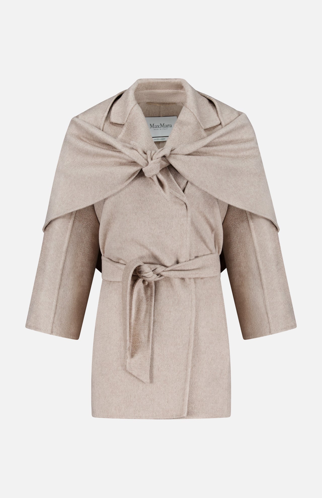 MAX MARA’s Long Cashmere Jacket with Bonus Scarf in light beige features a knee-length silhouette, self-tie belt, wide lapels, and a draped cape detail over the shoulders. Expertly crafted in Italy, it is displayed against a white background.