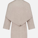 MAX MARA Long Cashmere Jacket with Bonus Scarf in beige, shown from the back, features wide three-quarter sleeves and a dramatic, cape-like flap draped over the shoulders and upper back, fastened at the center with a small button—an elegant Italian-made piece.
