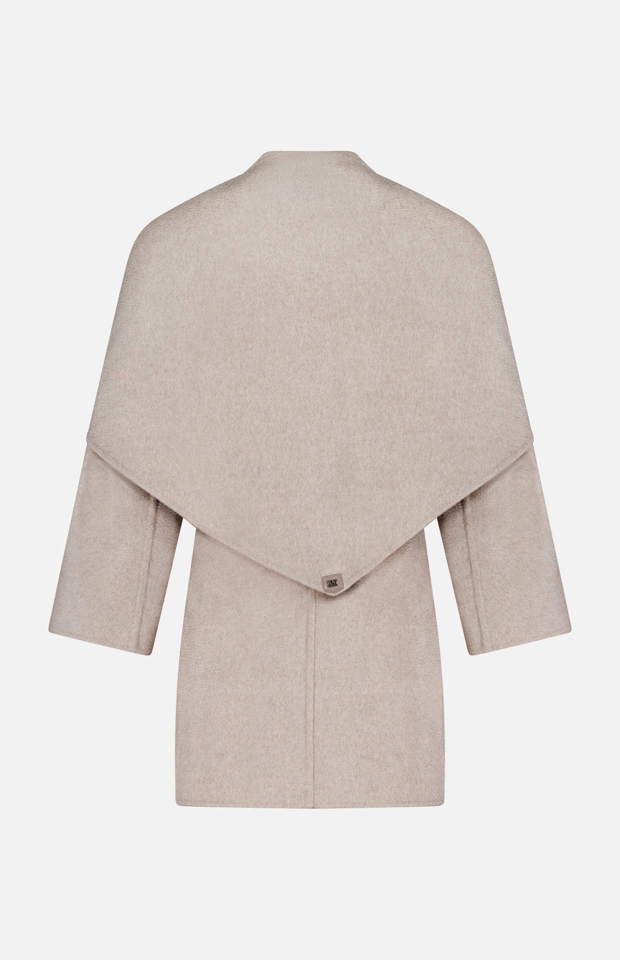 MAX MARA Long Cashmere Jacket with Bonus Scarf in beige, shown from the back, features wide three-quarter sleeves and a dramatic, cape-like flap draped over the shoulders and upper back, fastened at the center with a small button—an elegant Italian-made piece.