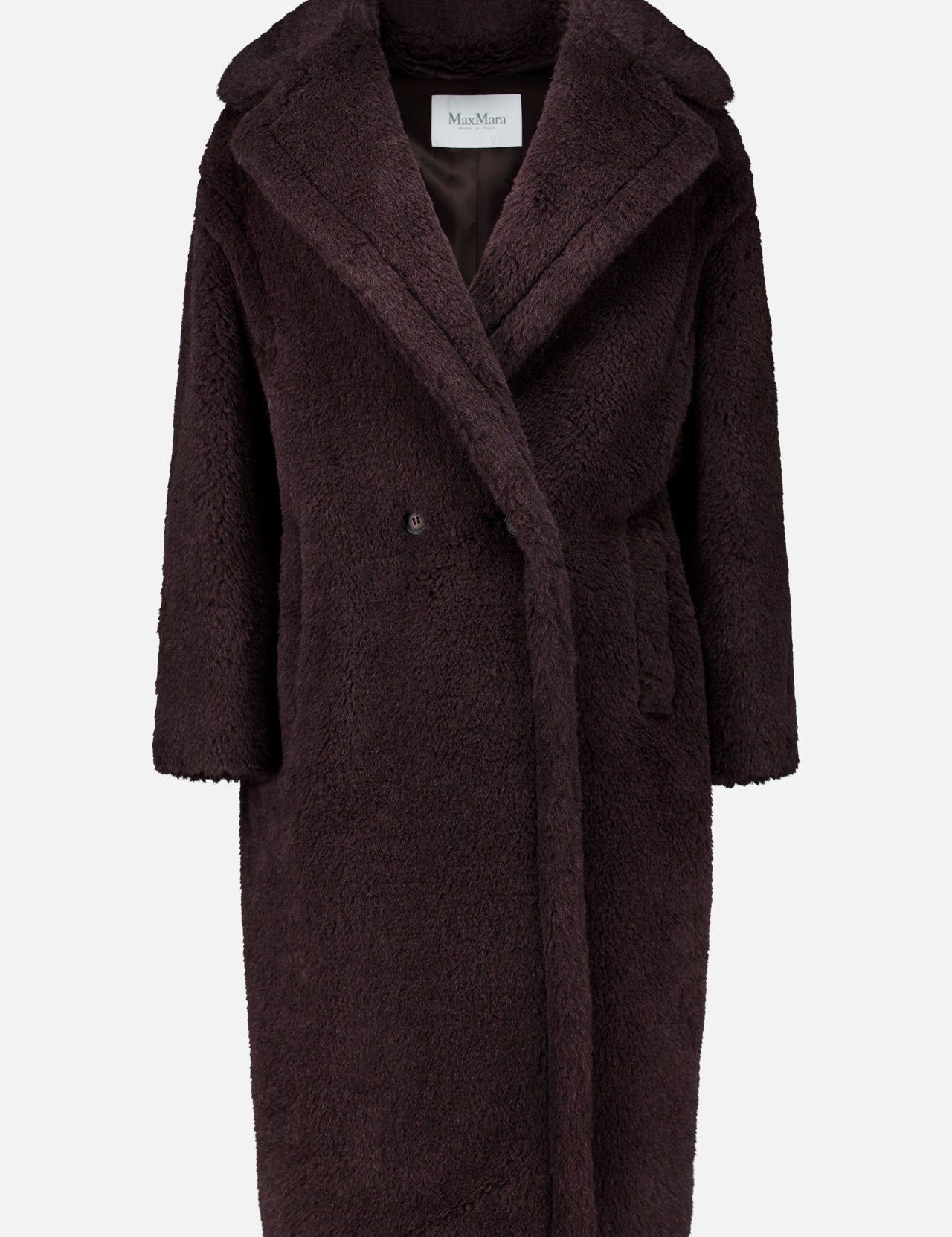 Dark brown Max Mara Long Teddy Coat in alpaca wool and silk, featuring a double-breasted design and a wide collar.