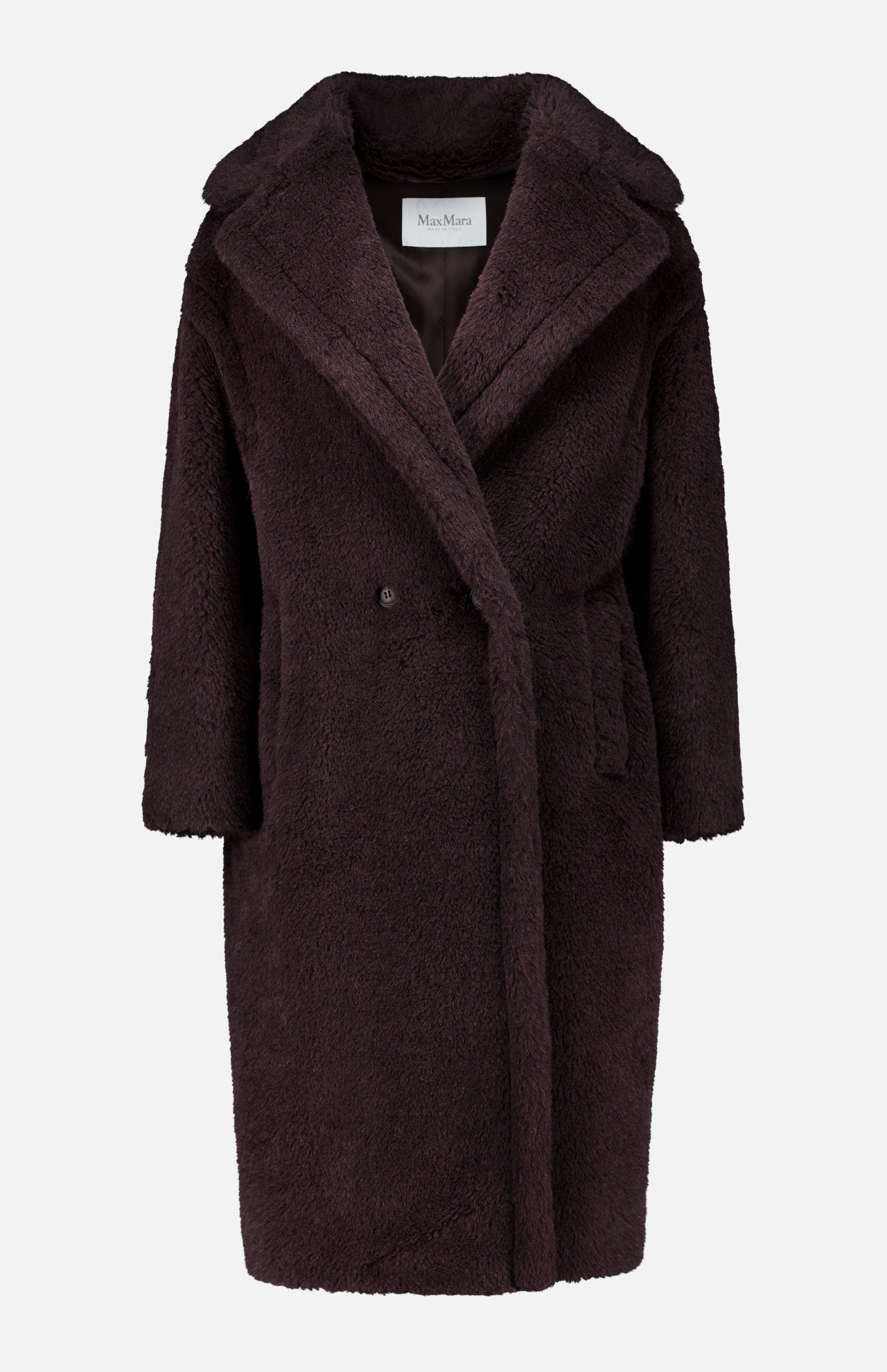 Dark brown Max Mara Long Teddy Coat in alpaca wool and silk, featuring a double-breasted design and a wide collar.