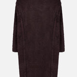Back view of a dark brown MAX MARA Long Teddy Coat with a textured finish, long sleeves, and a wide collar.