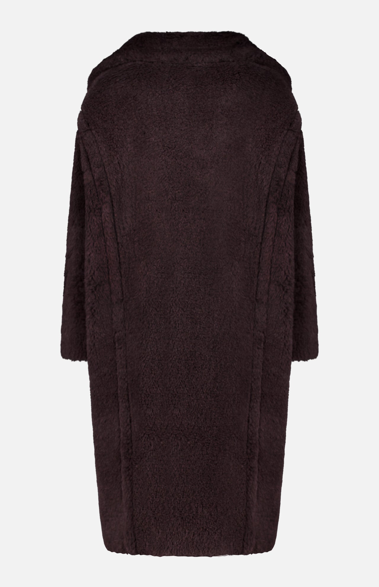 Back view of a dark brown MAX MARA Long Teddy Coat with a textured finish, long sleeves, and a wide collar.