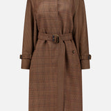 MAX MARA Long Plaid Overcoat in dark brown with a pointed collar, shoulder epaulets, belted waist, and cuffed sleeves.
