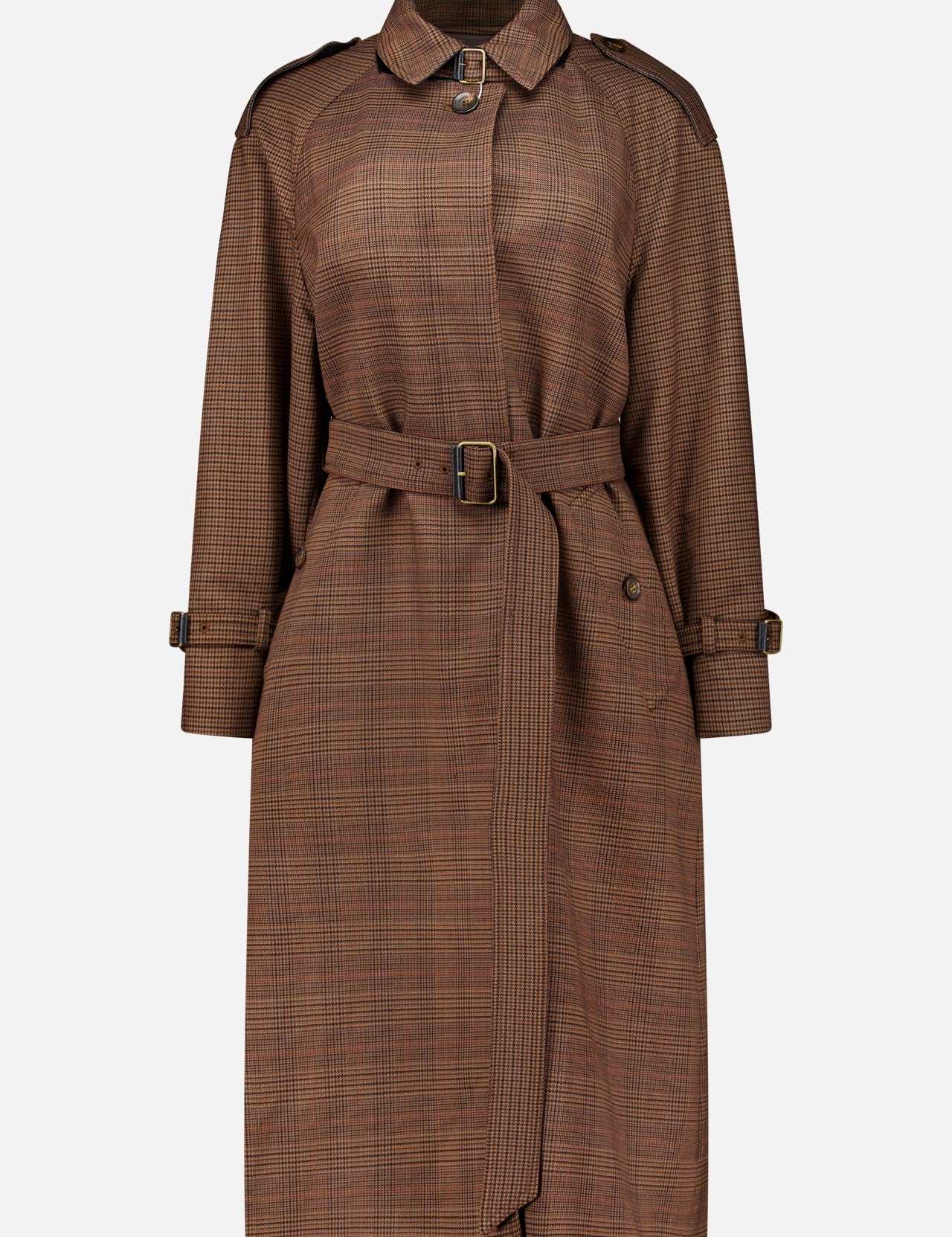 MAX MARA Long Plaid Overcoat in dark brown with a pointed collar, shoulder epaulets, belted waist, and cuffed sleeves.