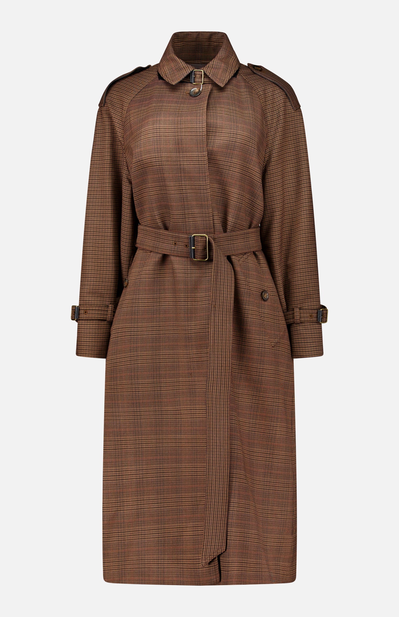 MAX MARA Long Plaid Overcoat in dark brown with a pointed collar, shoulder epaulets, belted waist, and cuffed sleeves.