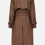 Back view of a dark brown, virgin wool Long Plaid Overcoat by Max Mara, featuring a belted waist, back vent, and storm flap.