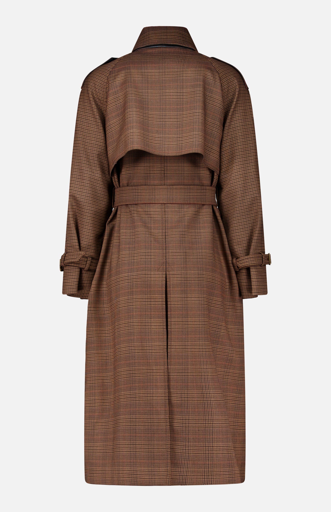 Back view of a dark brown, virgin wool Long Plaid Overcoat by Max Mara, featuring a belted waist, back vent, and storm flap.