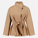 MAX MARA Short Wrap Coat in camel featuring a high collar, a matching tie belt at the waist, and a button closure.