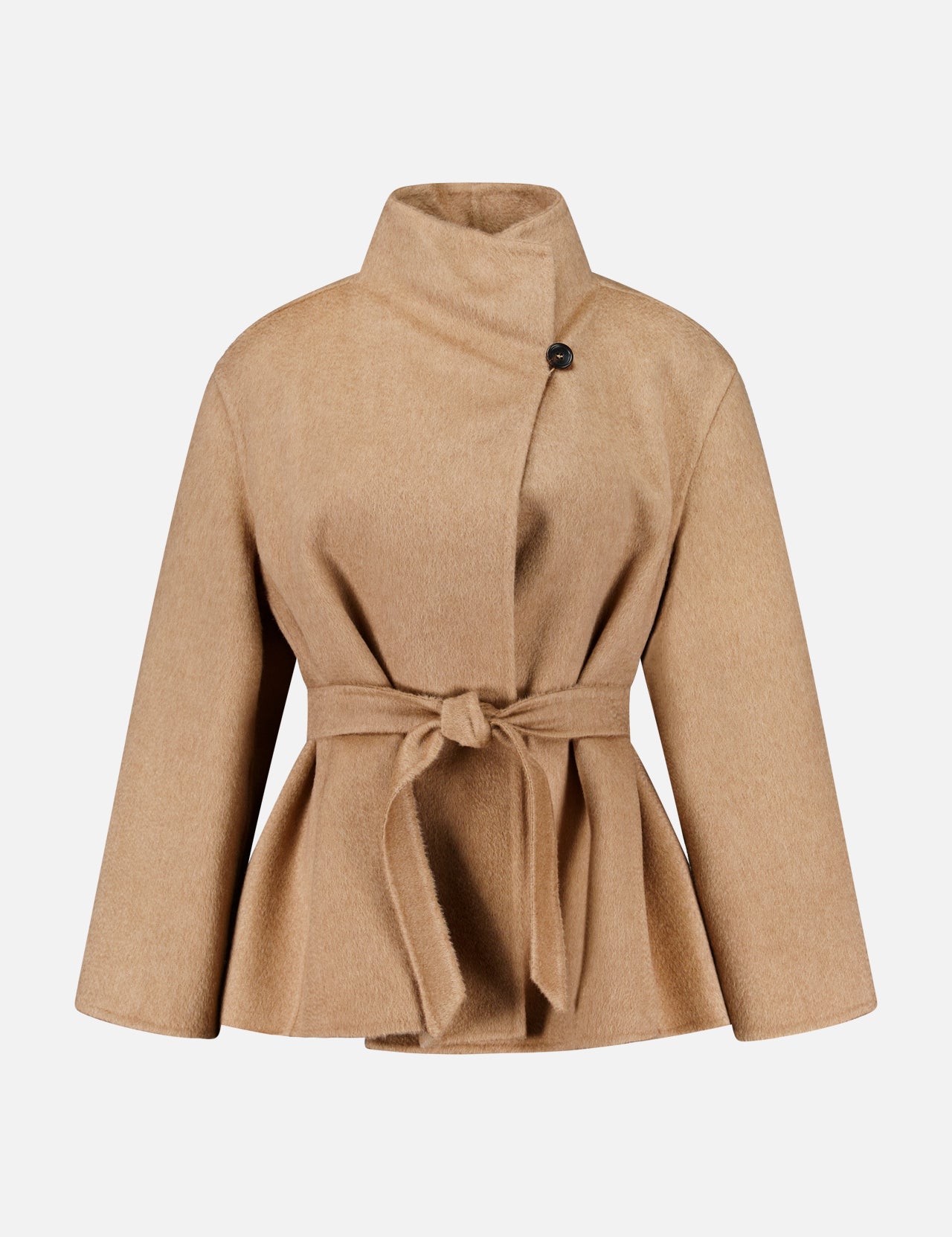 MAX MARA Short Wrap Coat in camel featuring a high collar, a matching tie belt at the waist, and a button closure.