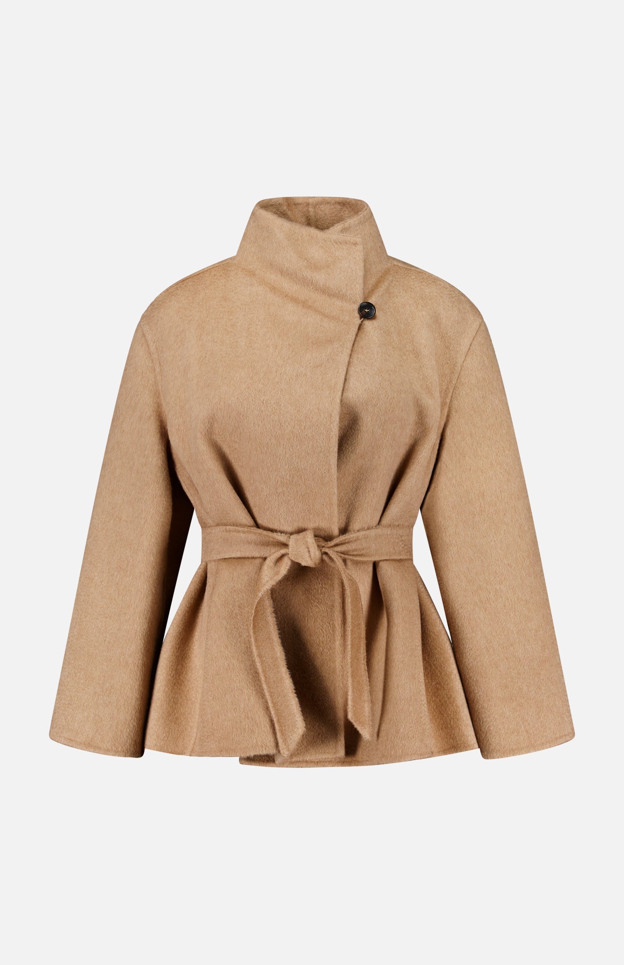 MAX MARA Short Wrap Coat in camel featuring a high collar, a matching tie belt at the waist, and a button closure.