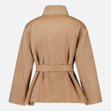 Back view of a camel-colored MAX MARA Short Wrap Coat with Belt, featuring a belted waist, high collar, and button closure.