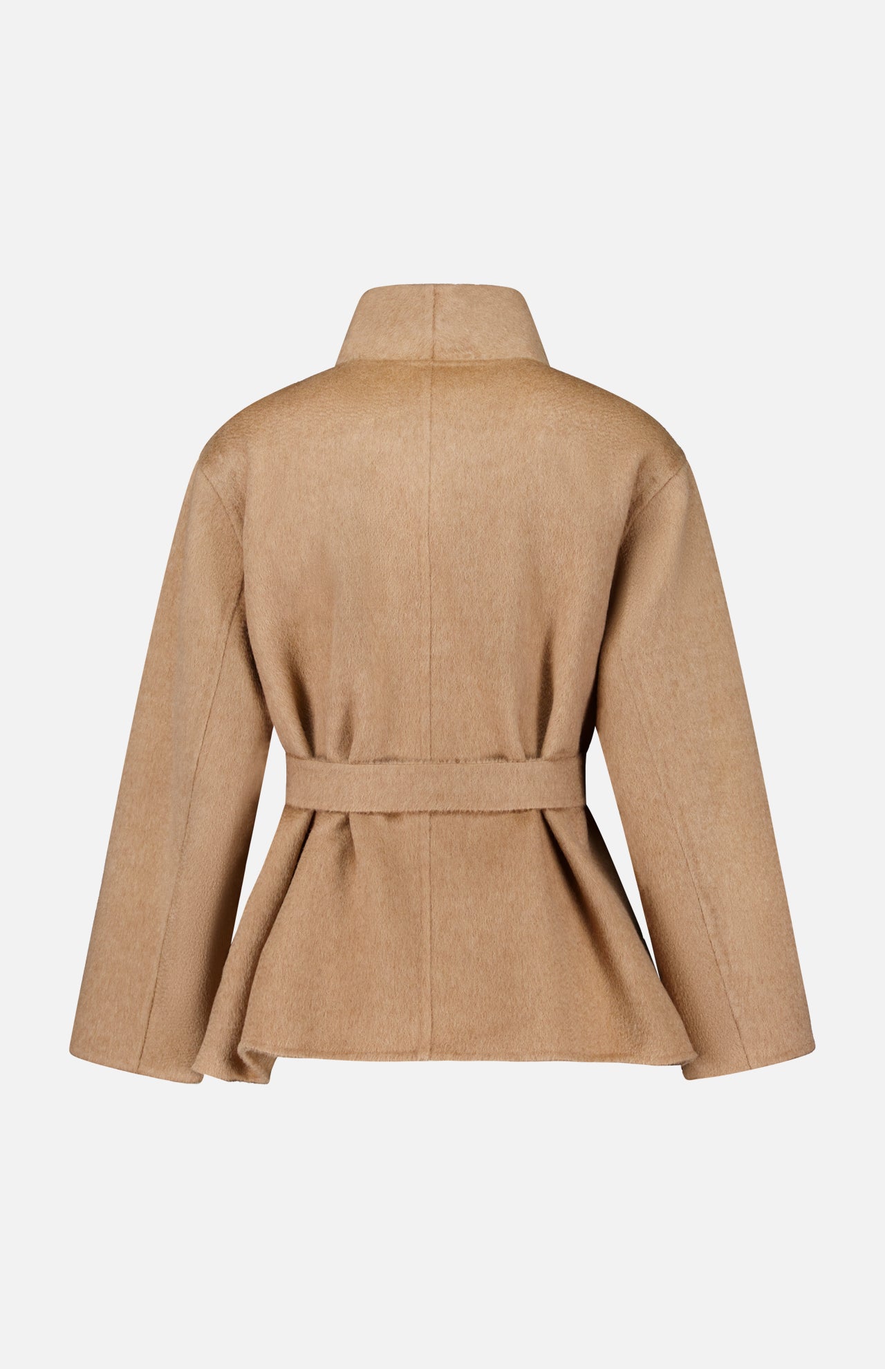 Back view of a camel-colored MAX MARA Short Wrap Coat with Belt, featuring a belted waist, high collar, and button closure.