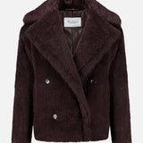Dark brown double-breasted Teddy Short Coat in a short length with wide lapels and button closures.