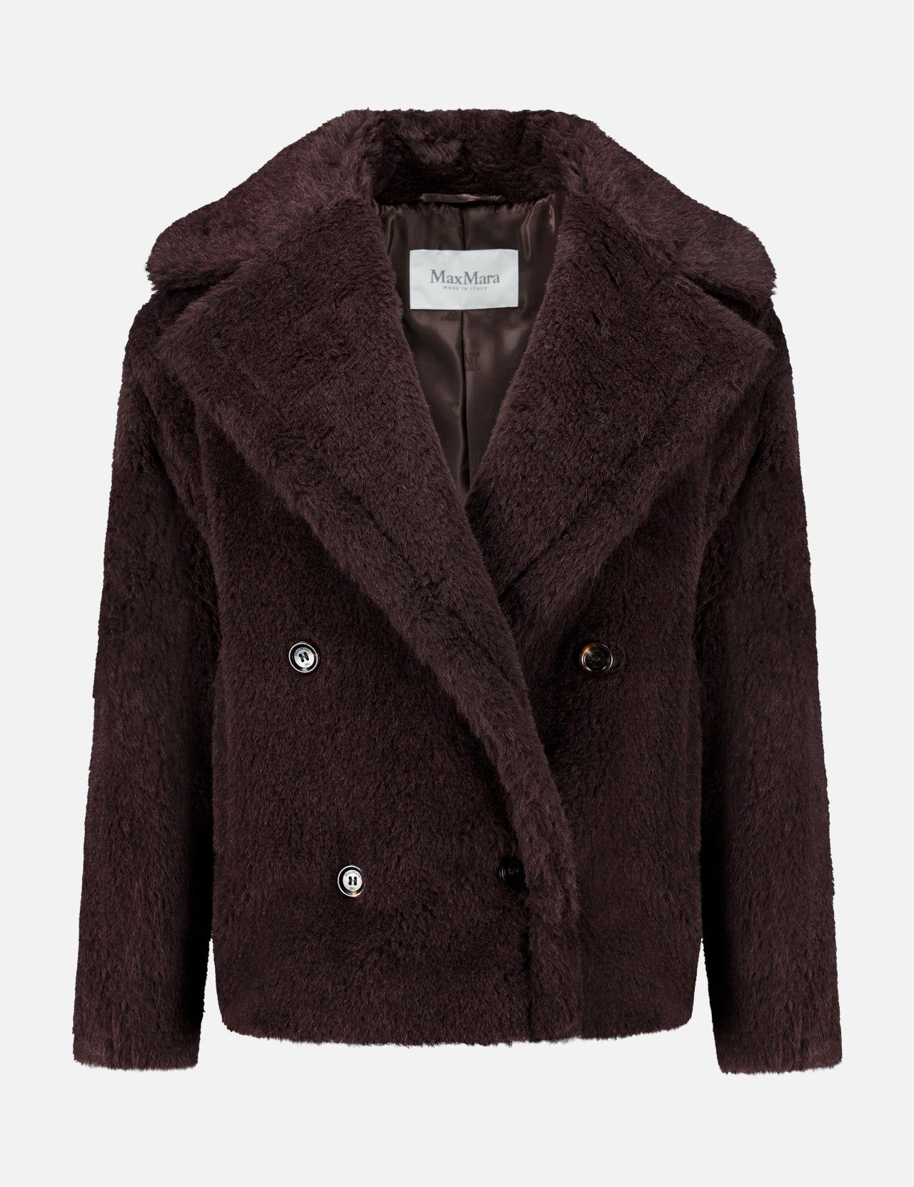 Dark brown double-breasted Teddy Short Coat in a short length with wide lapels and button closures.