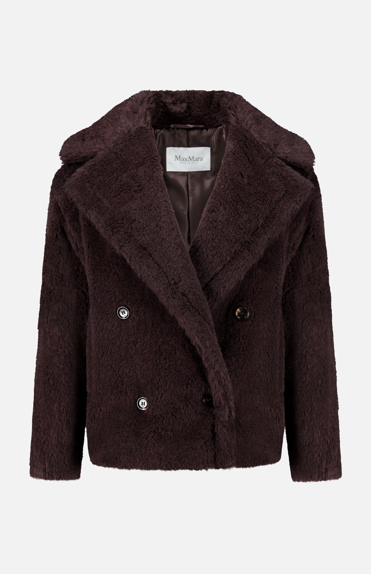 Dark brown double-breasted Teddy Short Coat in a short length with wide lapels and button closures.