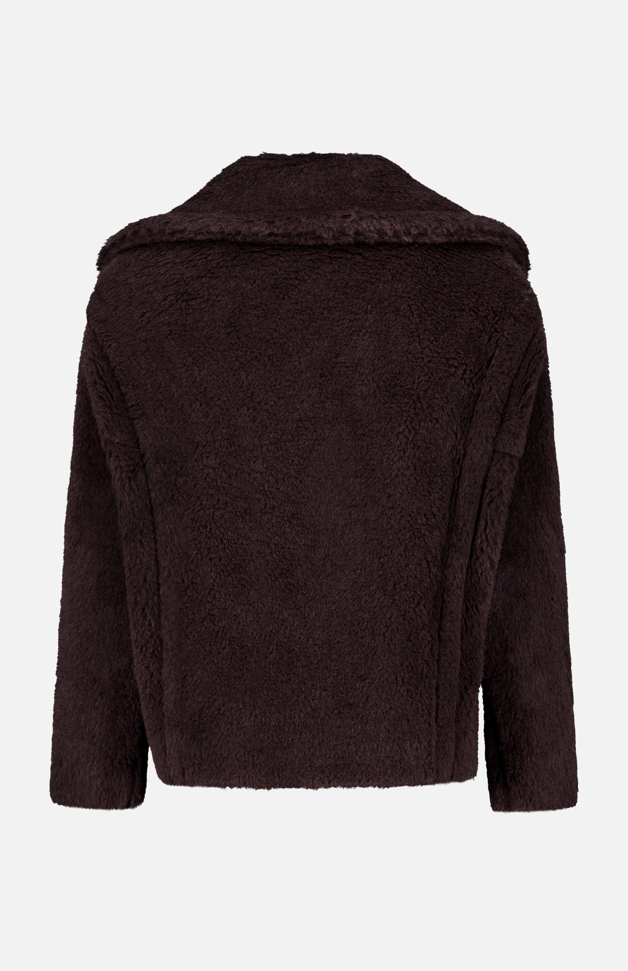Back view of a dark brown, textured Max Mara Teddy Short Coat with a wide collar and a cropped silhouette.