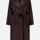 Dark brown MAX MARA Wrap Trench Coat in a knee-length wrap style, featuring wide lapels, large front pockets, and a matching fabric tie belt.